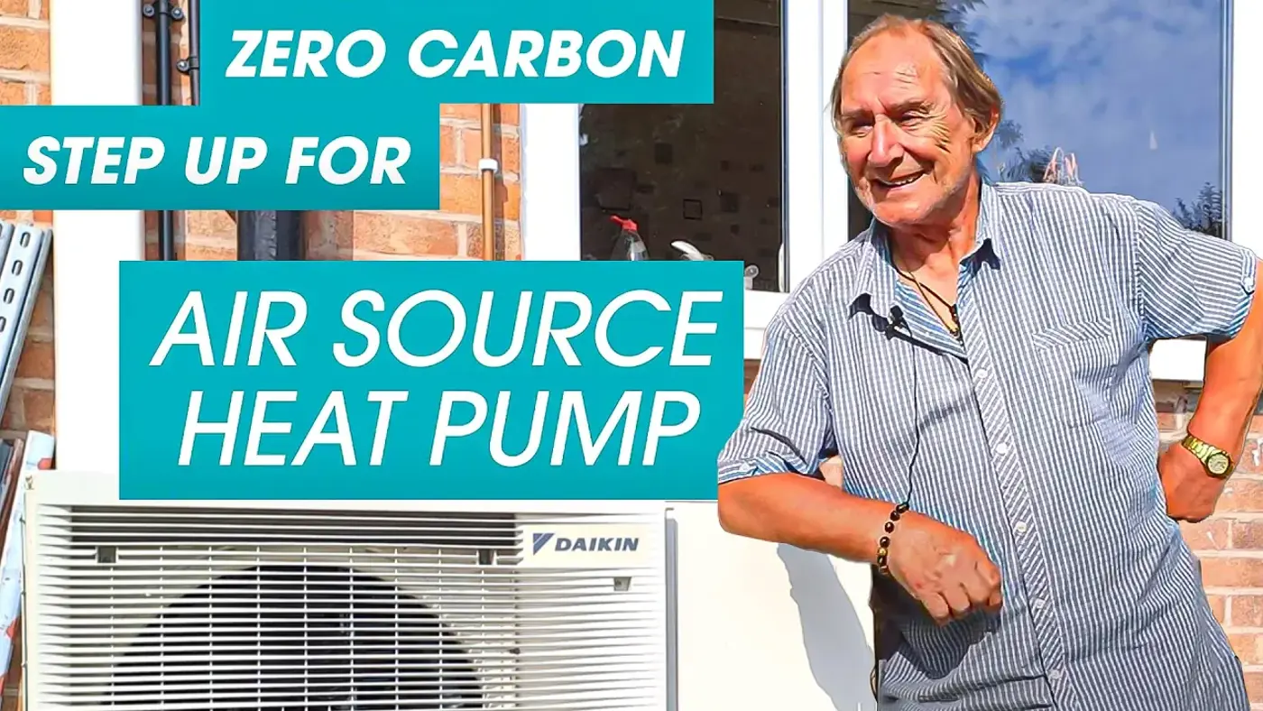 zero carbon air source heat pump thumbnail with dave lee leaning on his pump