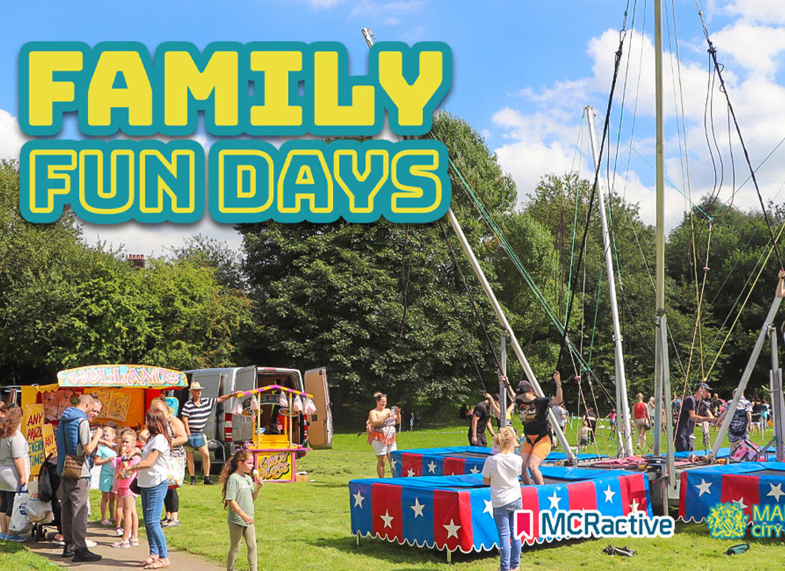 family fun days graphic with bouncy bungee game