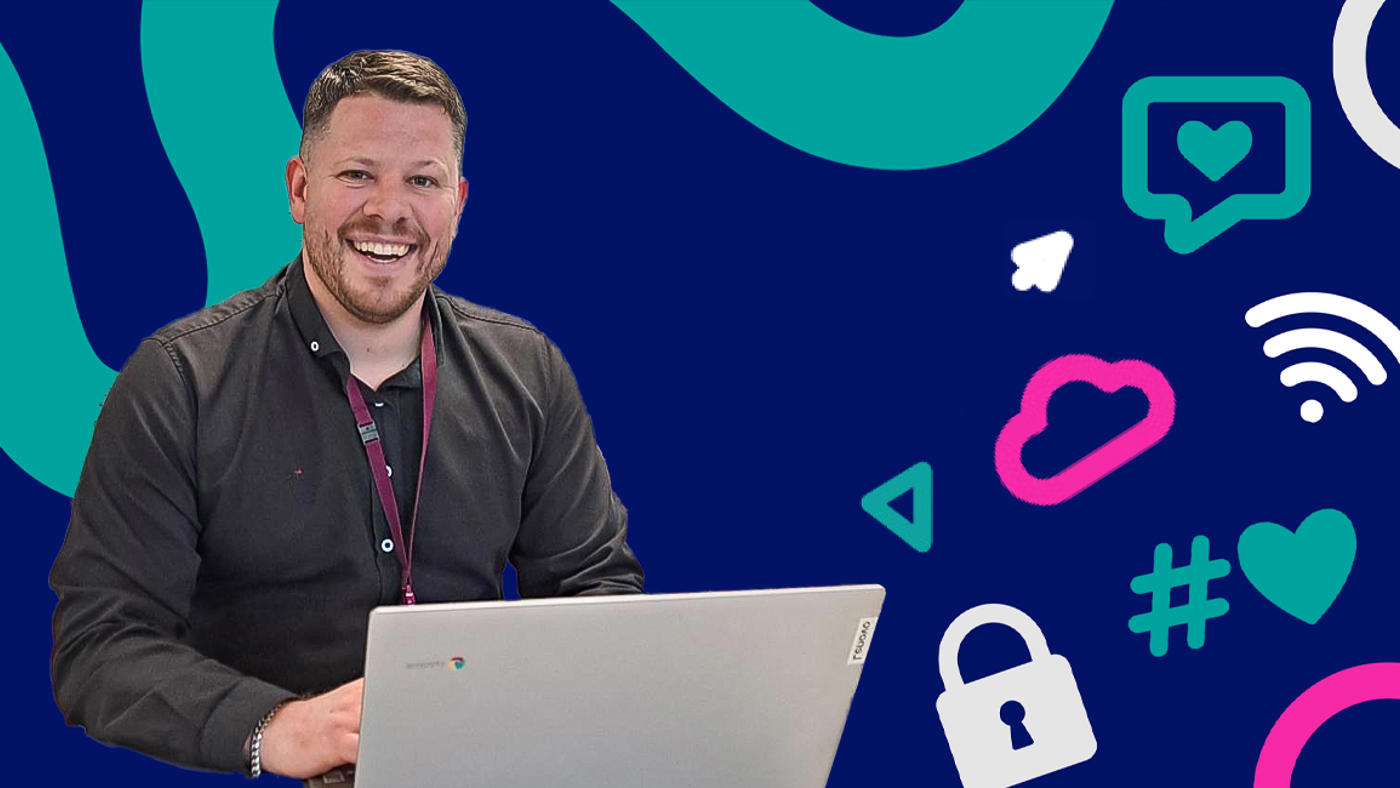get online week graphic with lee smiling at his laptop