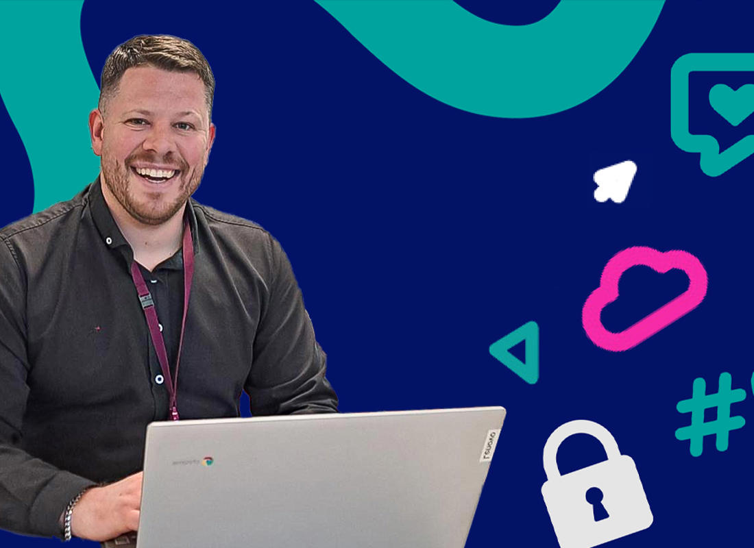 get online week graphic with lee smiling at his laptop