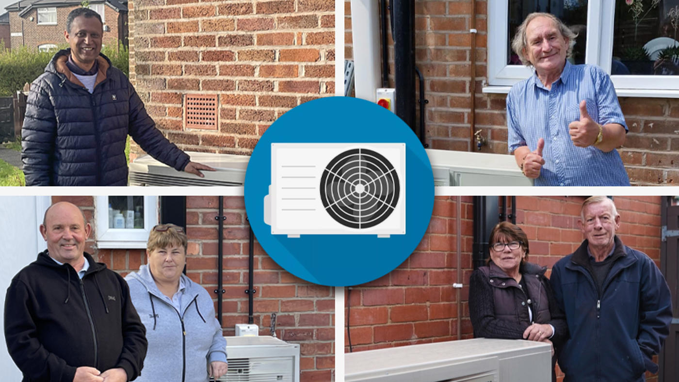 air source heat pump graphic of tenants stood next to their heat pumps