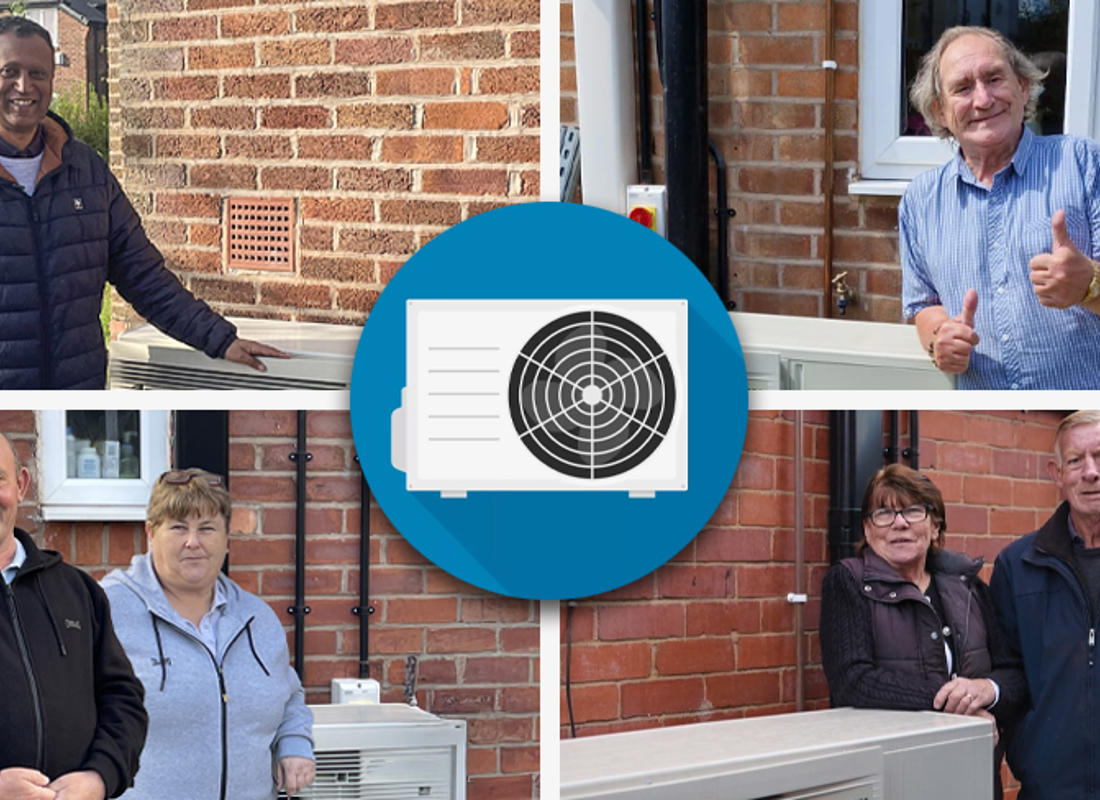 air source heat pump graphic of tenants stood next to their heat pumps