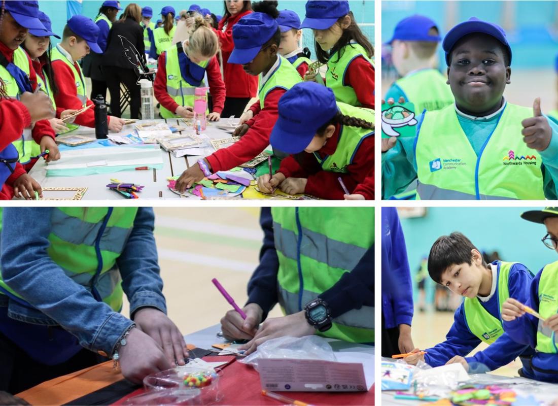 A Collage Of Four Photographs Taken At The Urban Crew Enterprise Event Showing The Children Gathered Around Tables And Working Together